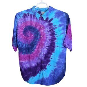 Jayli Batik Tie Dye Button Up Shirt Womens L Blue Purple Rayon Boho Hippie